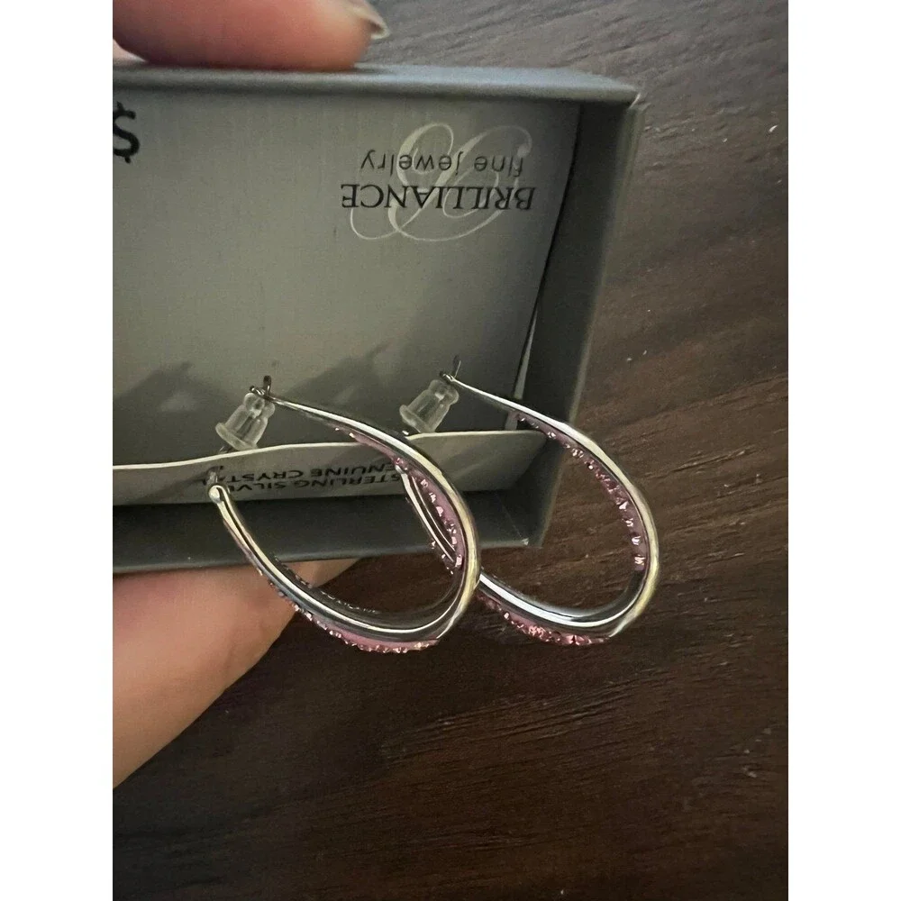Sterling Silver Pink crystal hoop earrings new